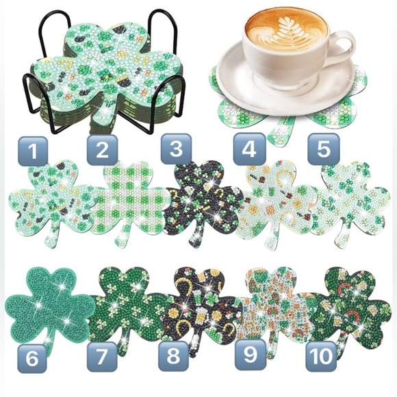 2/$16 - No. 01 - Sparkly, Diamond Art Shamrock Clover Holiday Coaster, Green - Picture 9 of 17